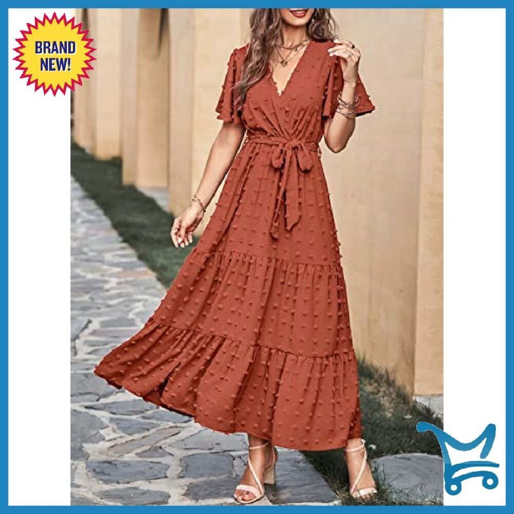 Swiss Dot Maxi Dress Wrap V Neck Flutter Sleeve Boho Wedding Guest - Picture 3 of 8
